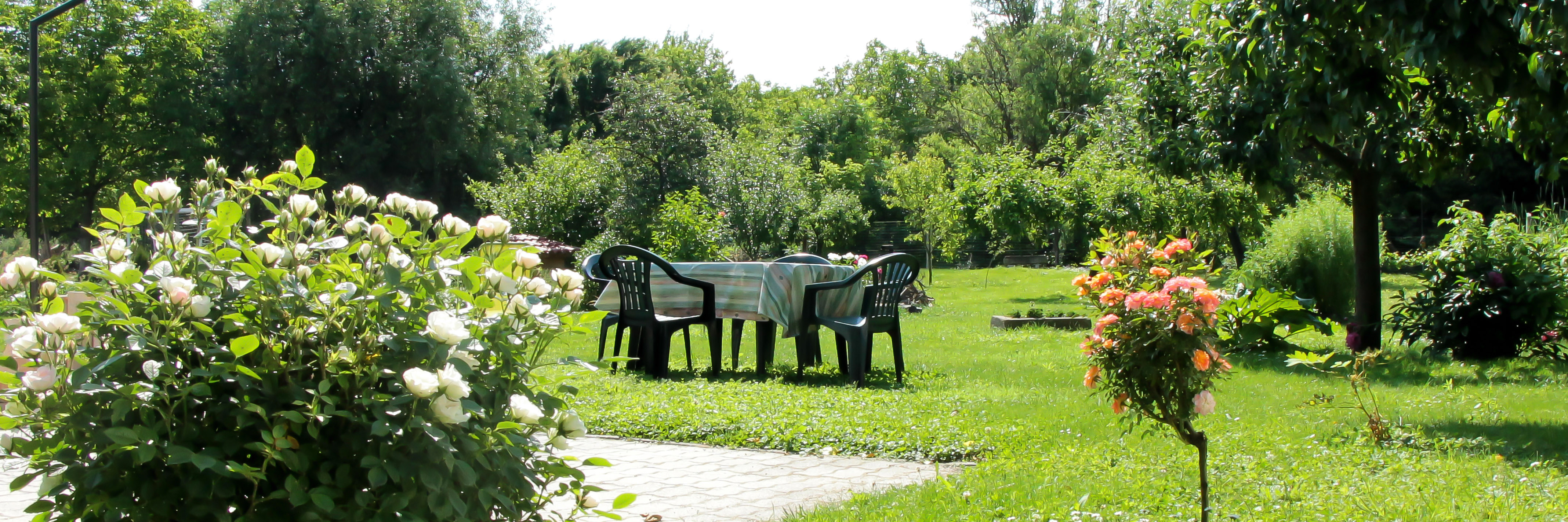 virágos, Zöld kert asztallal és székekkel